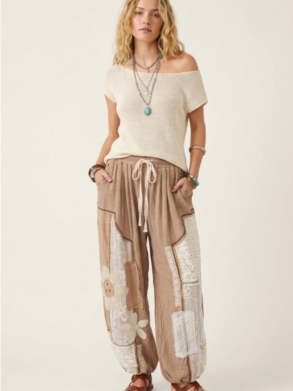 Black Wide-Leg Floral Patchwork Pants